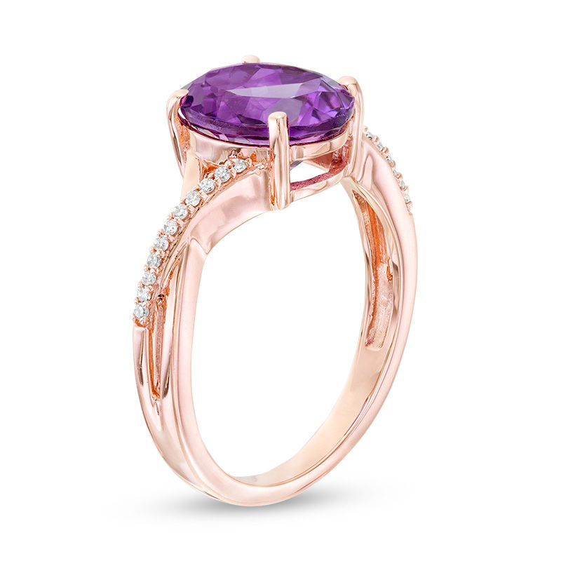 Oval Amethyst and 0.05 CT. T.W. Diamond Twist Shank Ring in 10K Rose Gold