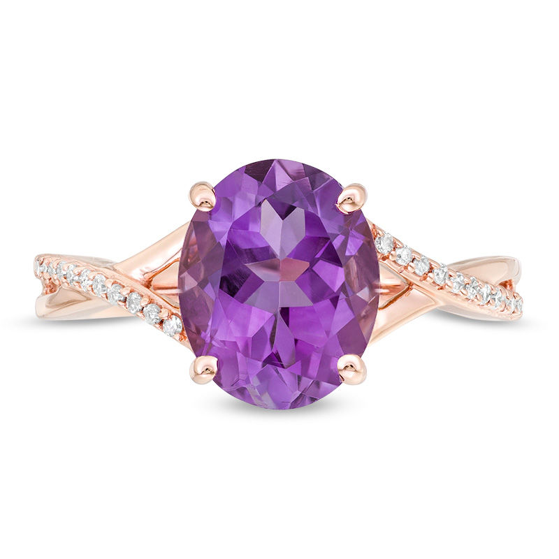 Oval Amethyst and 0.05 CT. T.W. Diamond Twist Shank Ring in 10K Rose Gold