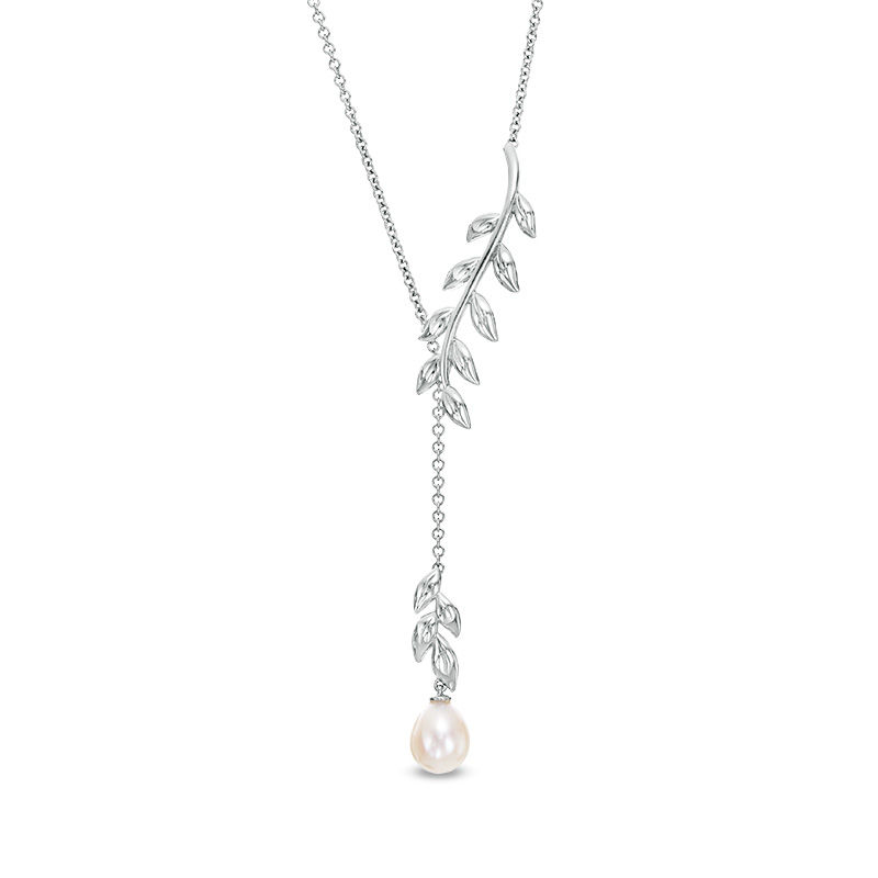 7.0-7.5mm Oval Cultured Freshwater Pearl Leafy Branch Lariat-Style Necklace in Sterling Silver - 17"