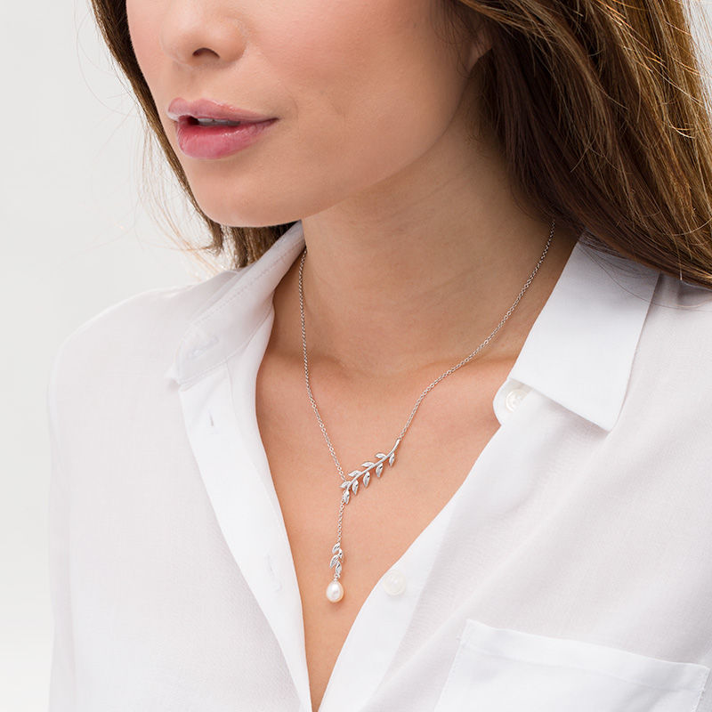 7.0-7.5mm Oval Cultured Freshwater Pearl Leafy Branch Lariat-Style Necklace in Sterling Silver - 17"