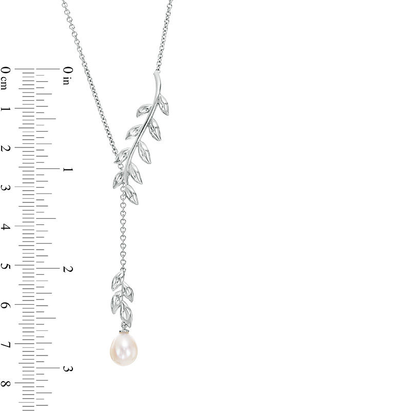 7.0-7.5mm Oval Freshwater Cultured Pearl Leafy Branch Lariat-Style Necklace in Sterling Silver-17"