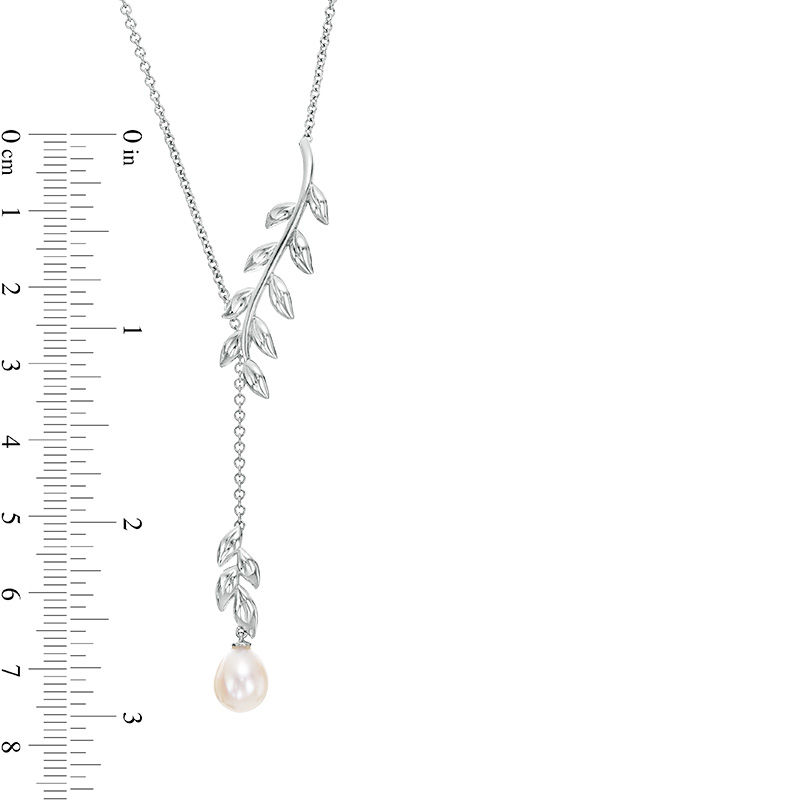 7.0-7.5mm Oval Cultured Freshwater Pearl Leafy Branch Lariat-Style Necklace in Sterling Silver - 17"