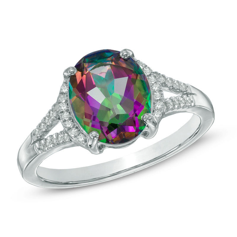 Oval Mystic Fire® Topaz and Lab-Created White Sapphire Ring in Sterling Silver