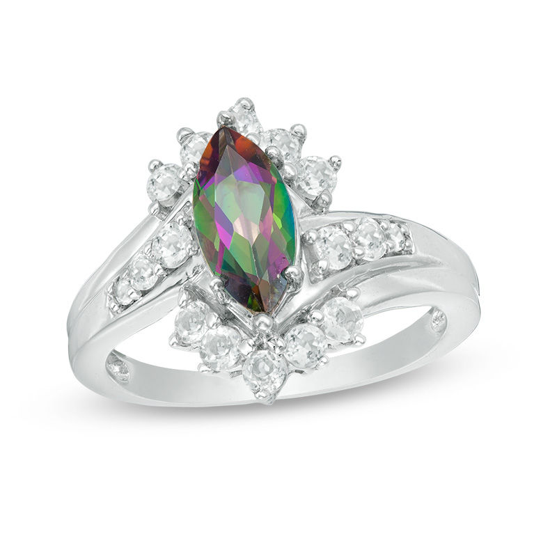 Marquise-Cut Mystic Fire® Topaz and Lab-Created White Sapphire Starburst Frame Bypass Ring in Sterling Silver