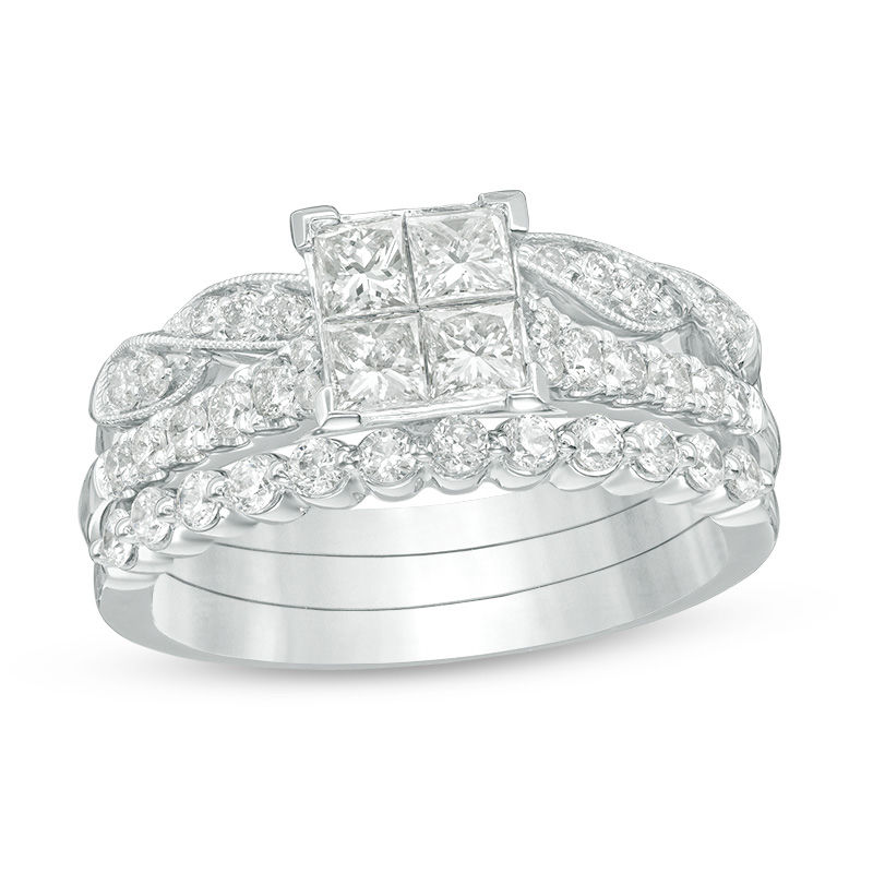 1.15 CT. T.W. Quad Princess-Cut Diamond Three Piece Bridal Set in 14K White Gold