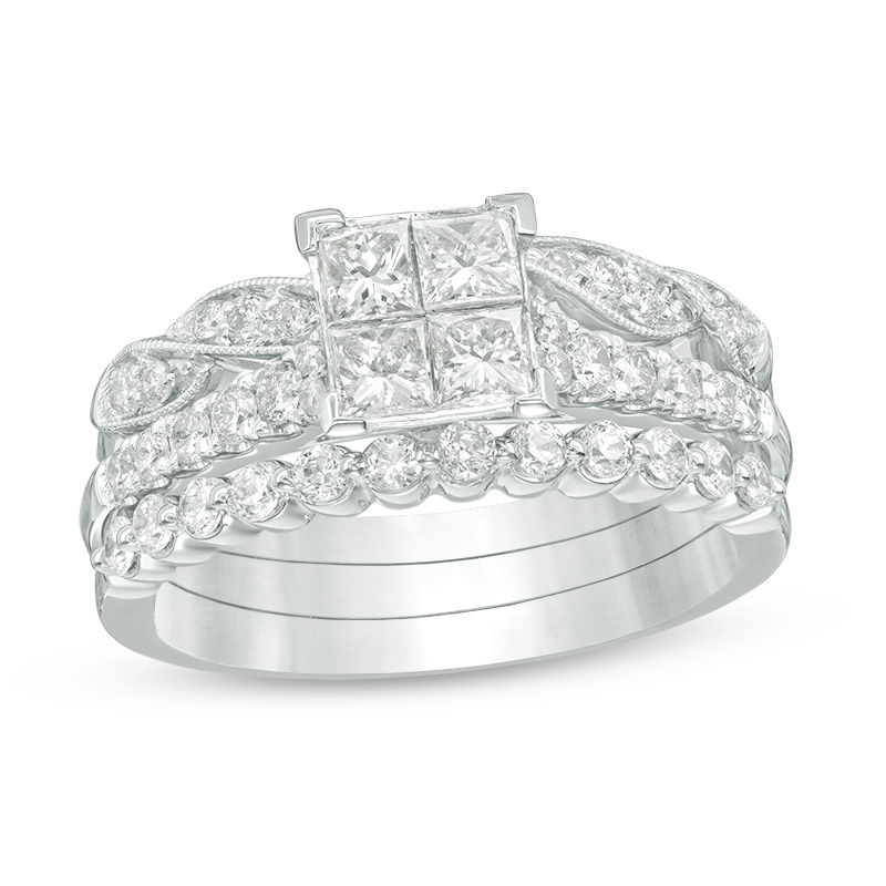 Main Image 1 of 1.15 CT. T.W. Quad Princess-Cut Diamond Three Piece Bridal Set in 14K White Gold