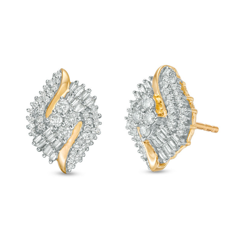 0.33 CT. T.W. Baguette and Round Diamond Marquise Stud Earrings in 10K Gold|Peoples Jewellers