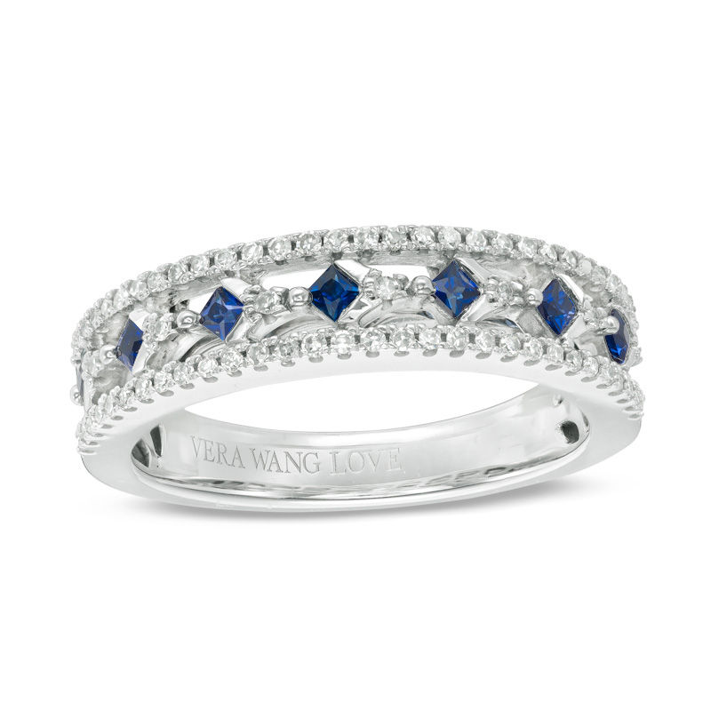 Vera Wang Love Collection Princess-Cut Blue Sapphire and 0.18 CT. T.W. Diamond Band in 14K White Gold|Peoples Jewellers