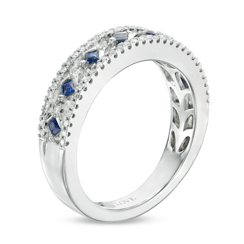 Main Image 2 of Vera Wang Love Collection Princess-Cut Blue Sapphire and 0.18 CT. T.W. Diamond Band in 14K White Gold