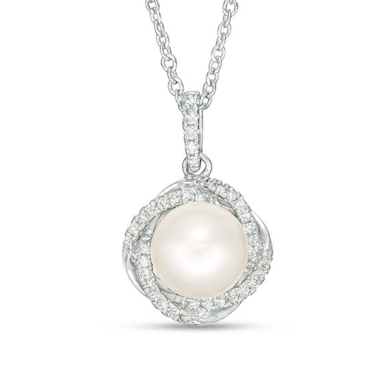Vera Wang Love Collection 8.0-8.5mm Freshwater Cultured Pearl and 0.14 CT. T.W. Diamond Pendant in Sterling Silver-19"