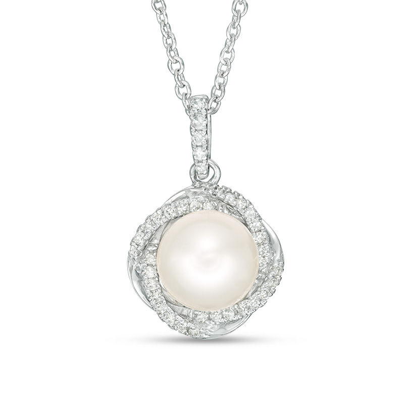 Vera Wang Love Collection 8.0-8.5mm Cultured Freshwater Pearl and 0.14 CT. T.W. Diamond Pendant in Sterling Silver - 19"