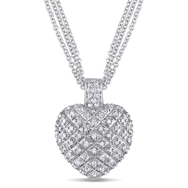 0.98 CT. T.W. Diamond Three Strand Heart Pendant in Sterling Silver - 17"