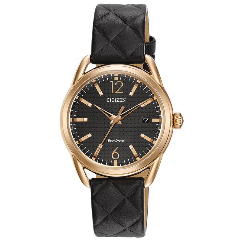 Ladies' Drive from Citizen Eco-Drive® LTR Rose-Tone Strap Watch with Black Dial (Model: FE6083-13E)|Peoples Jewellers