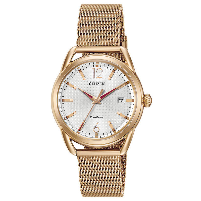 Ladies' Drive from Citizen Eco-Drive® LTR Rose-Tone Mesh Watch with Silver-Tone Dial (Model: FE6083-72A)