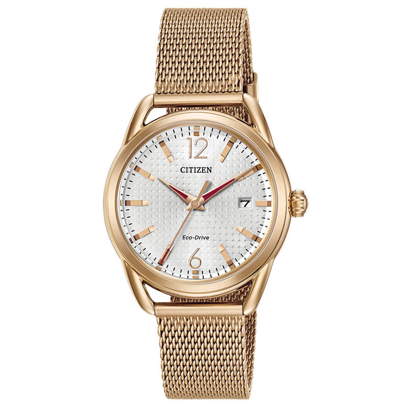 Ladies' Drive from Citizen Eco-Drive® LTR Rose-Tone Mesh Watch with Silver-Tone Dial (Model: FE6083-72A)|Peoples Jewellers