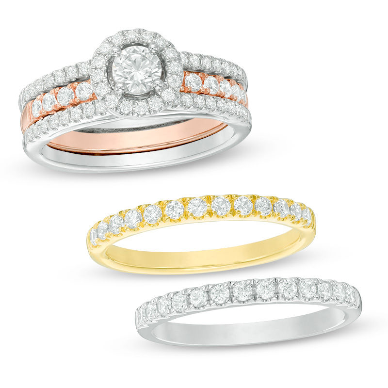 1.58 CT. T.W. Diamond Frame Four-Piece Bridal Set in 14K Tri-Tone Gold|Peoples Jewellers