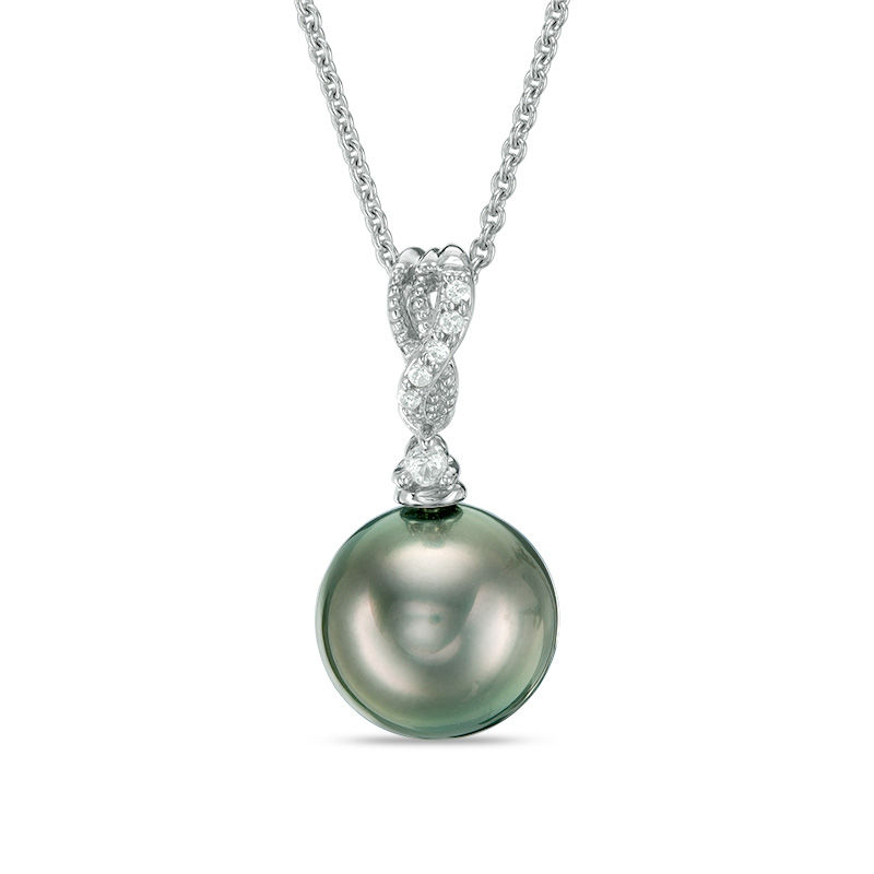 10.0mm Cultured Tahitian Pearl and Diamond Accent Vintage-Style Drop Pendant in 10K White Gold