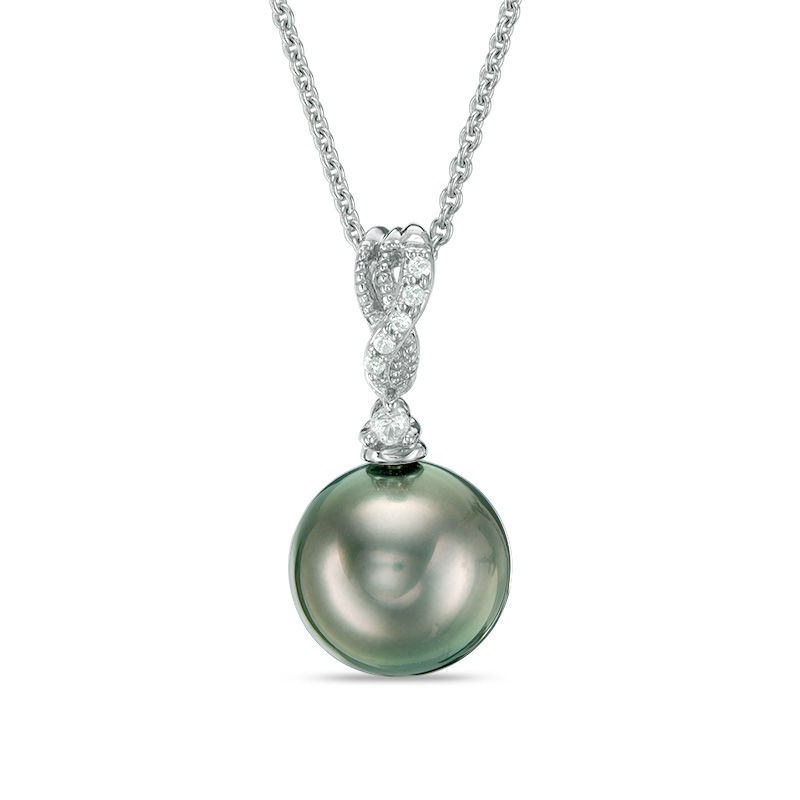 10.0mm Cultured Tahitian Pearl and Diamond Accent Vintage-Style Drop Pendant in 10K White Gold|Peoples Jewellers