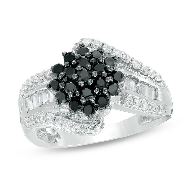 0.95 CT. T.W. Composite Enhanced Black and White Diamond Three Row Bypass Ring in 10K White Gold