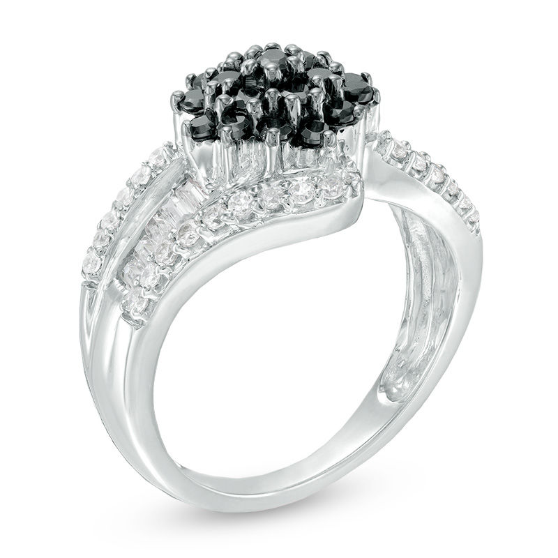 0.95 CT. T.W. Composite Enhanced Black and White Diamond Three Row Bypass Ring in 10K White Gold