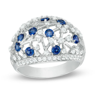 Lab-Created Blue and White Sapphire Lattice Dome Ring in Sterling Silver