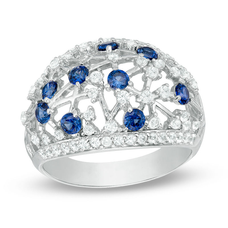Lab-Created Blue and White Sapphire Lattice Dome Ring in Sterling Silver|Peoples Jewellers