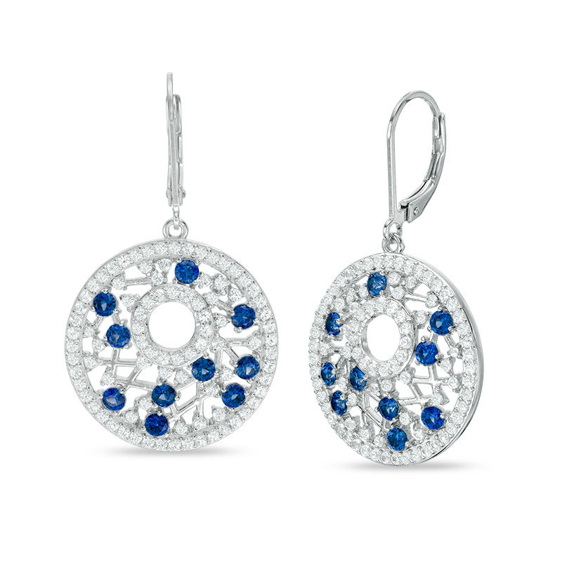 Main Image 1 of Lab-Created Blue and White Sapphire Lattice Circle Drop Earrings in Sterling Silver