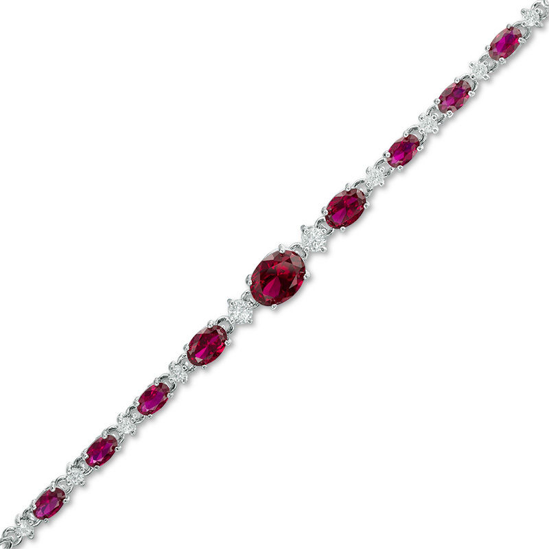 Oval Lab-Created Ruby and White Sapphire Alternating Bracelet in Sterling Silver - 7.25"|Peoples Jewellers