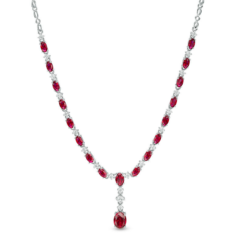 Oval Lab-Created Ruby and White Sapphire Alternating Drop Necklace in Sterling Silver - 17"