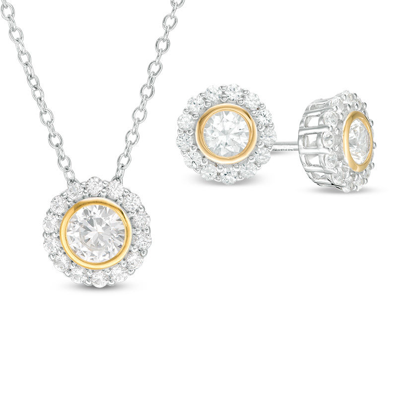 Lab-Created White Sapphire Flower Frame Pendant and Stud Earrings Set in Sterling Silver with 18K Gold Plate
