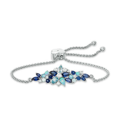 Blue Topaz, Lab-Created Blue Opal, Blue and White Sapphire Floral Bolo Bracelet in Sterling Silver - 9.0"