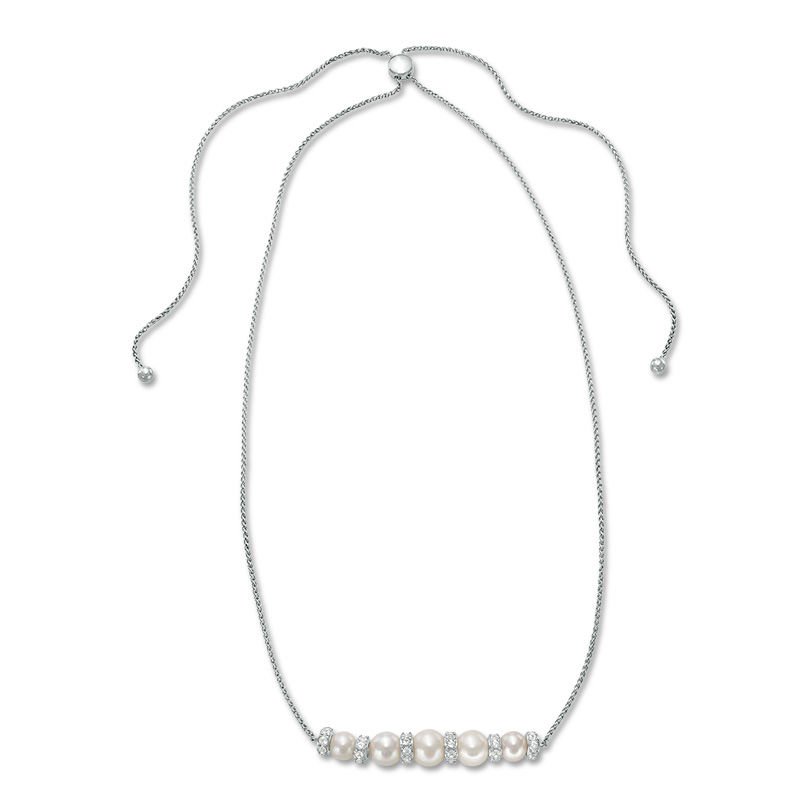 6.0 - 8.0mm Cultured Freshwater Pearl and Lab-Created White Sapphire Bolo Necklace in Sterling Silver - 26"