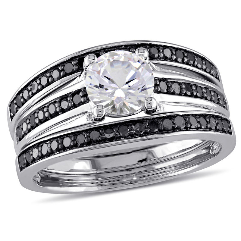 6.5mm Lab-Created White Sapphire and 0.52 CT. T.W. Black Diamond Three Piece Bridal Set in Sterling Silver