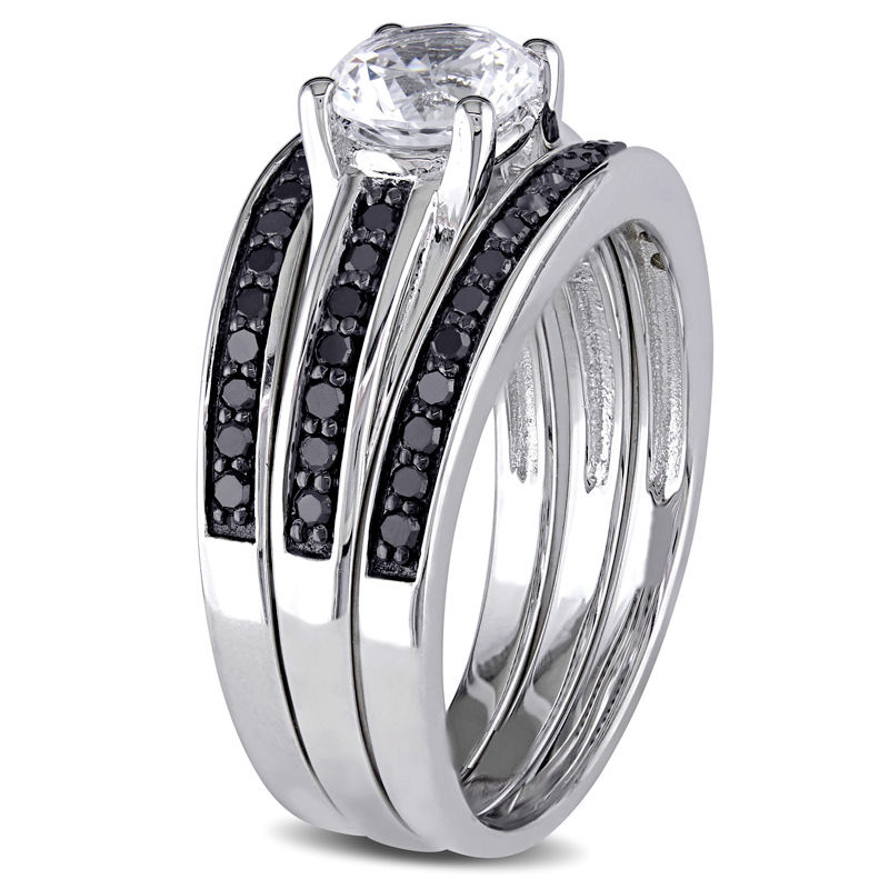 6.5mm Lab-Created White Sapphire and 0.52 CT. T.W. Black Diamond Three Piece Bridal Set in Sterling Silver