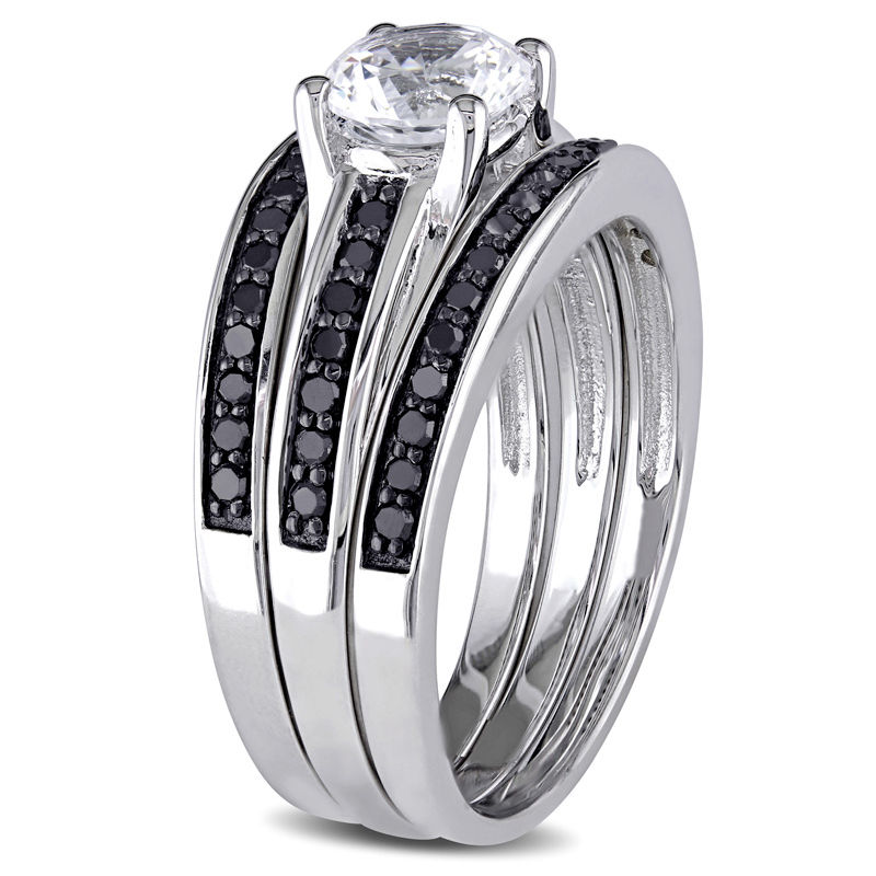 6.5mm Lab-Created White Sapphire and CT. T.W. Black Diamond Three Piece Bridal Set in Sterling Silver|Peoples Jewellers