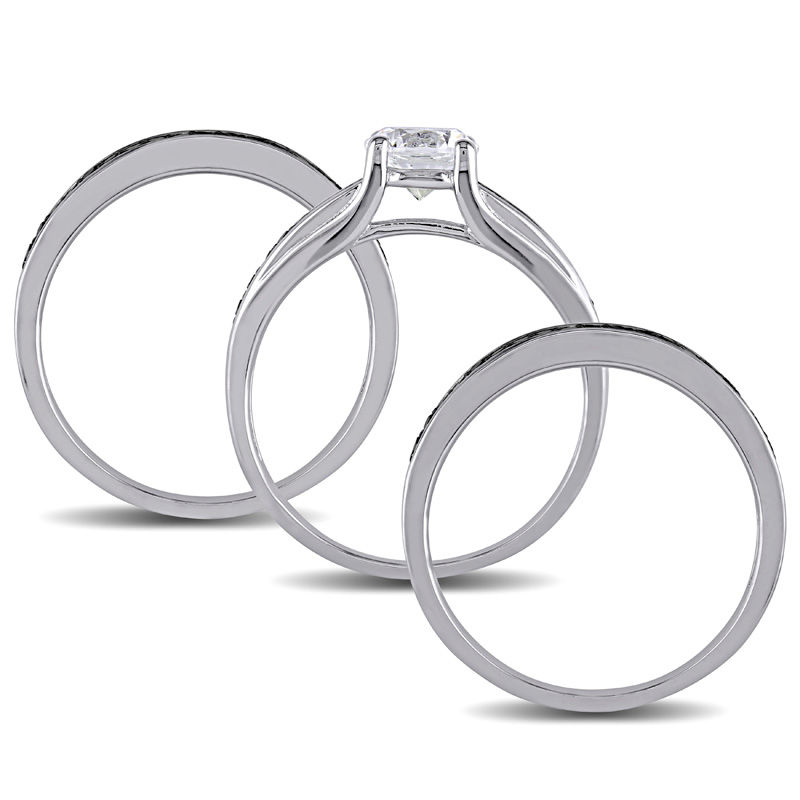 6.5mm Lab-Created White Sapphire and CT. T.W. Black Diamond Three Piece Bridal Set in Sterling Silver|Peoples Jewellers