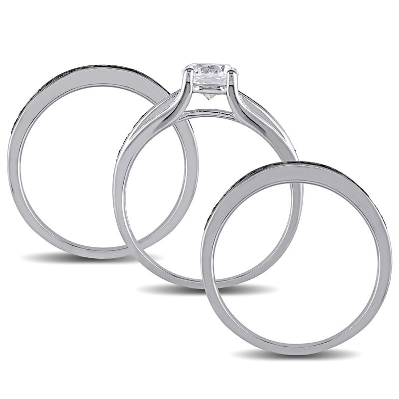 6.5mm Lab-Created White Sapphire and 0.52 CT. T.W. Black Diamond Three Piece Bridal Set in Sterling Silver