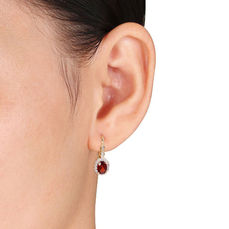 Oval Garnet, White Topaz and Diamond Accent Frame Drop Earrings in 14K Gold