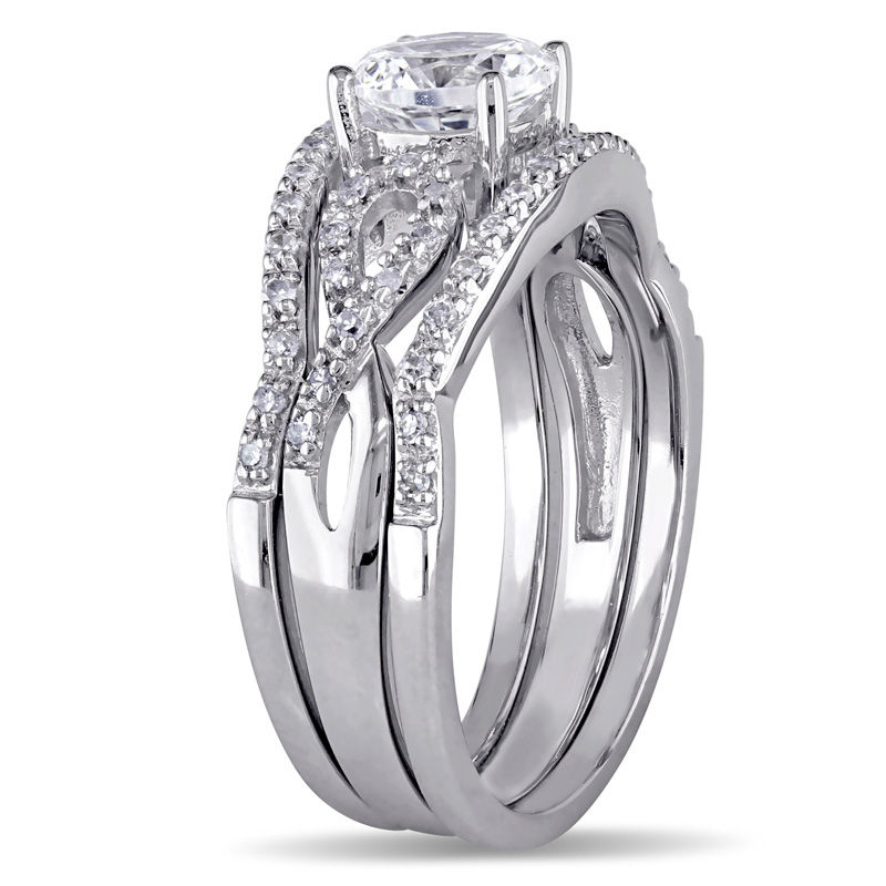 6.0mm Lab-Created White Sapphire and 0.21 CT. T.W. Diamond Loop Three Piece Bridal Set in 10K White Gold