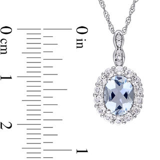 Oval Aquamarine, White Topaz and Diamond Accent Frame Pendant in 14K White Gold – 17"