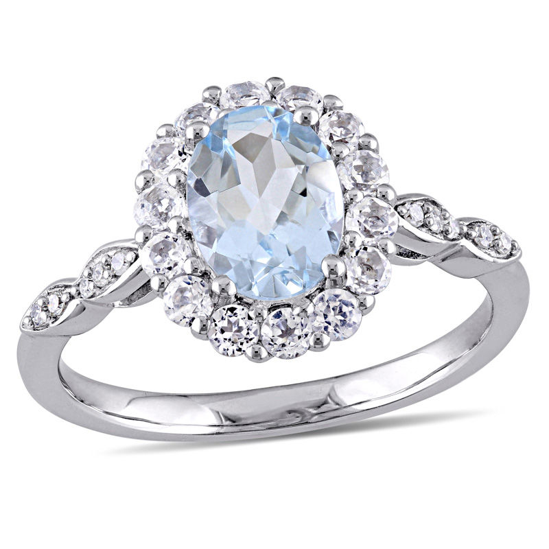 Oval Aquamarine, White Topaz and Diamond Accent Frame Ring in 14K White Gold|Peoples Jewellers