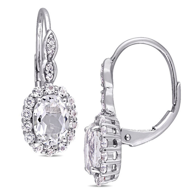 Oval White Topaz and Diamond Accent Frame Drop Earrings in 14K White Gold