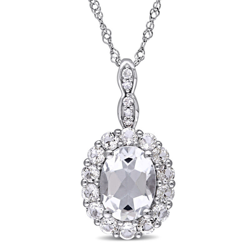 Oval White Topaz and Diamond Accent Frame Pendant in 14K White Gold – 17"