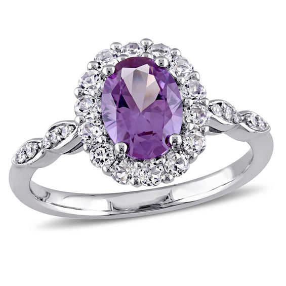 Oval Lab-Created Alexandrite, White Topaz and Diamond Accent Frame Ring in 14K White Gold Oval Lab-Created Alexandrite, White Topaz and Diamond Accent Frame Ring in 14K White Gold