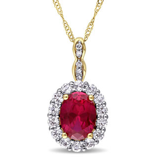 Oval Lab-Created Ruby, White Topaz and Diamond Accent Frame Pendant in 14K Gold – 17"