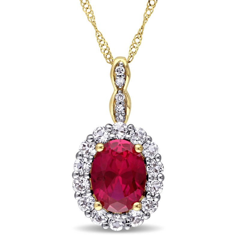 Oval Lab-Created Ruby, White Topaz and Diamond Accent Frame Pendant in 14K Gold – 17"|Peoples Jewellers