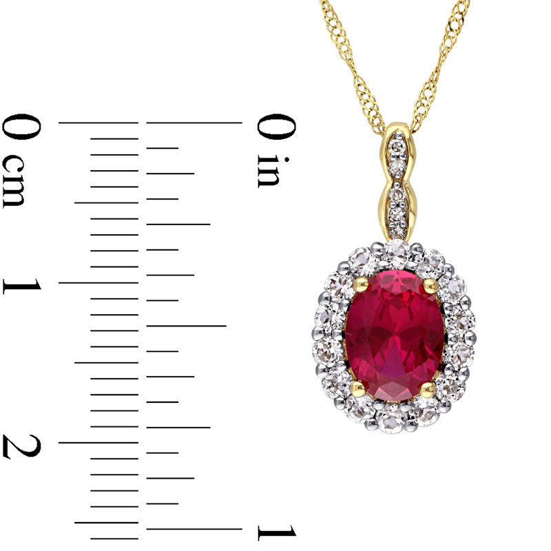 Oval Lab-Created Ruby, White Topaz and Diamond Accent Frame Pendant in 14K Gold – 17"