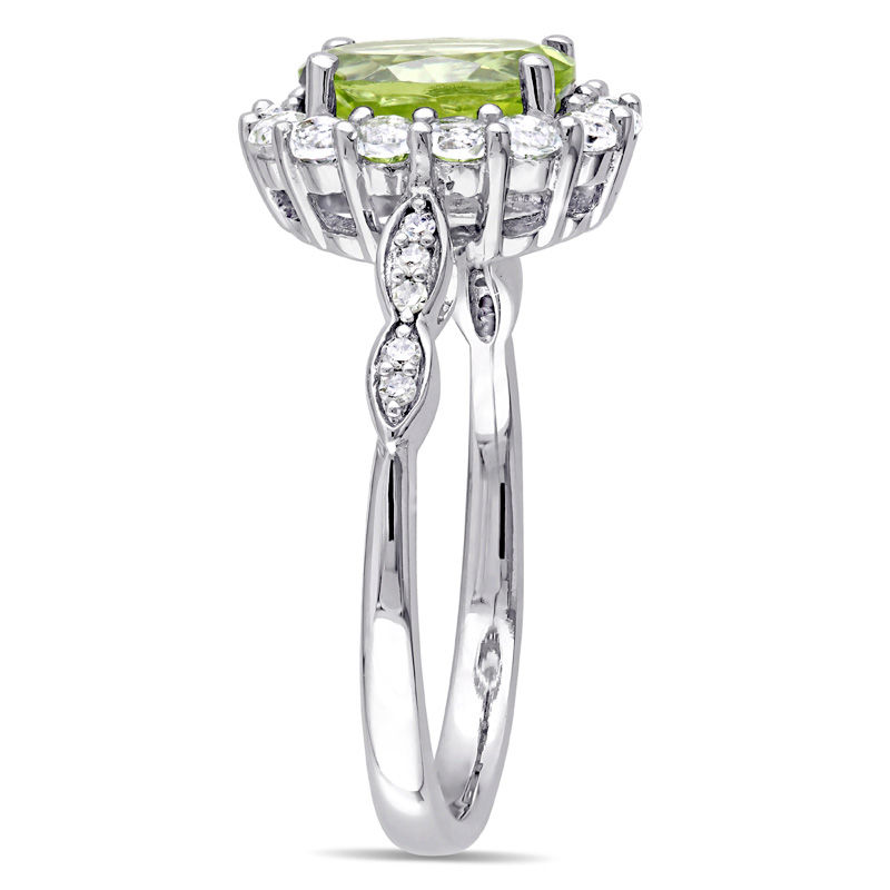 Oval Peridot, White Topaz and Diamond Accent Frame Ring in 14K White Gold
