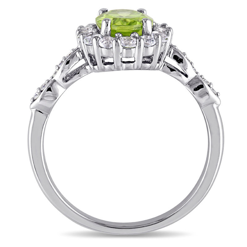 Oval Peridot, White Topaz and Diamond Accent Frame Ring in 14K White Gold