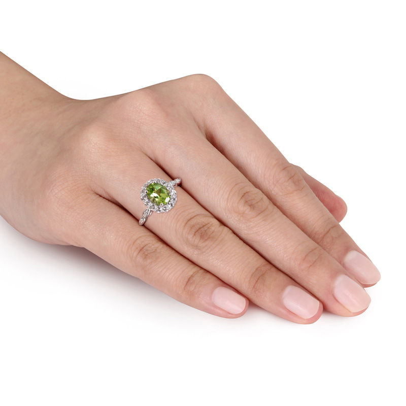 Oval Peridot, White Topaz and Diamond Accent Frame Ring in 14K White Gold